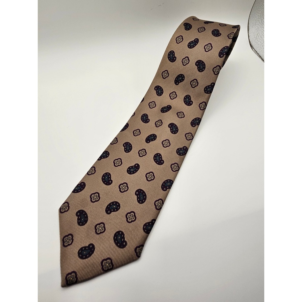 Robert Talbott Nordstrom Men Silk Tie Tan Purple Paisley Medallion Hand Sewn USA